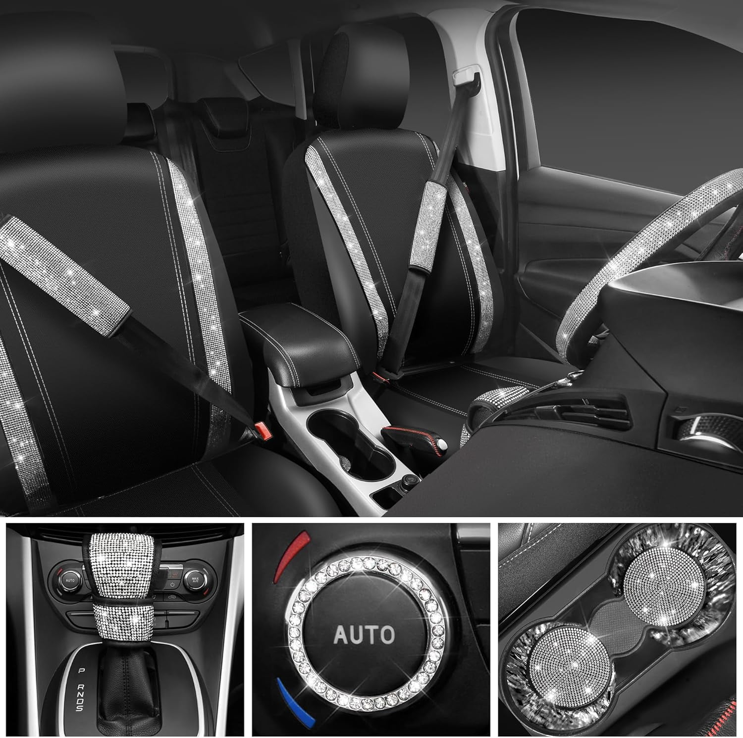 CAR PASS 11 PCS Bling Diamond Car Accessories for Women, Sparkly Rhinestone Steering Wheel Cover, Bling Seat Belt Cushion, Glitter Shift Knob Cover, Car Cup Holder Coaster, Cute Interior Sets Black