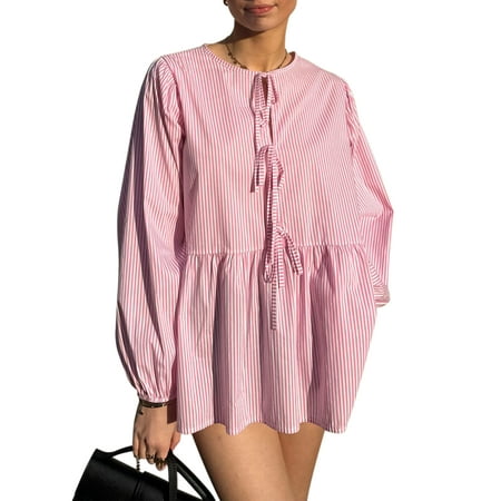 Tasdouyy Women Plaid Bow Tie Front Shirt Top Cute Puff Sleeve Y2K Peplum Ruffle Babydoll Blouse Lace Up Summer Going Out