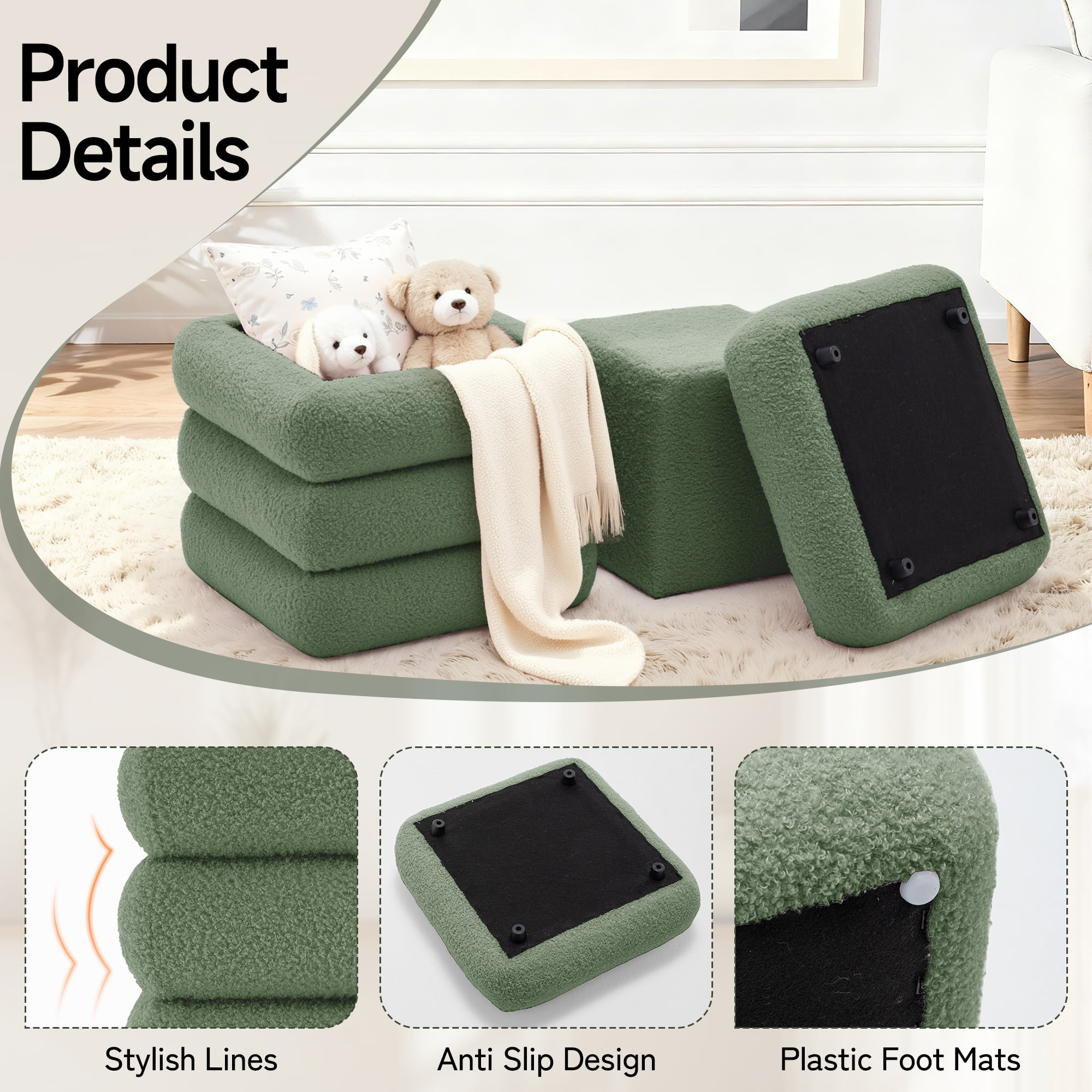 Korser Square Ottoman with Storage Set of 2,Upholstered Teddy Vanity Stool for Living Room,Bedroom,Green