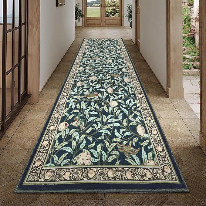 Washable Runner Rug 2x6 Non Slip Kitchen Hallway Runner Leaf Botanical Print Low Pile Throw Carpet Modern Home Decor Mat for Laundry Bathroom Indoor Use, Dark Blue