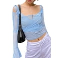 thumbnail image 1 of Qmyliery Women’s Fashion Solid Color Mesh Yarn Exposed Navel Sleeve T-shirt, 1 of 9