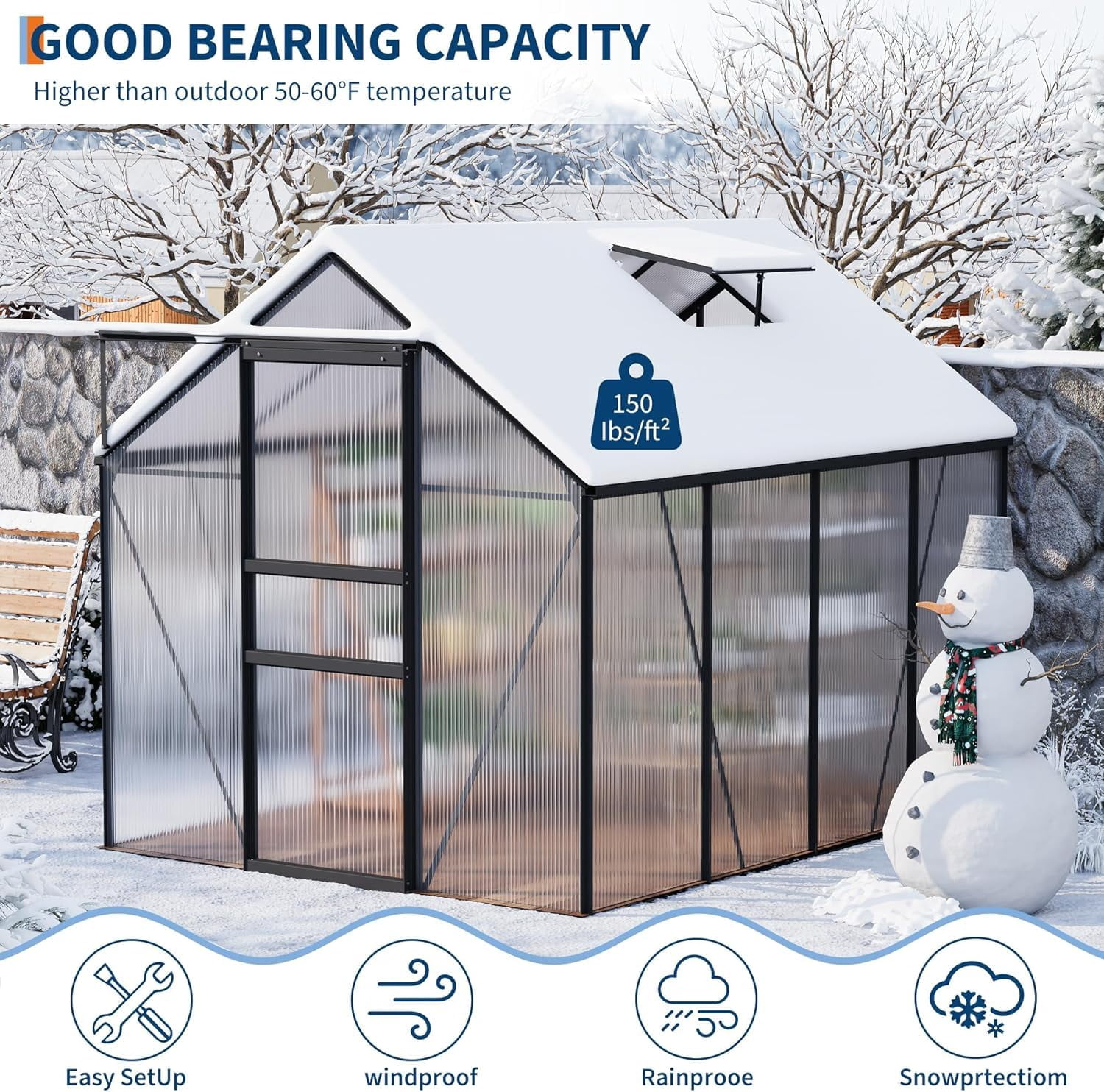 All-Season Polycarbonate Walk-In Greenhouse 6x8 FT – Durable Aluminum Frame, Sliding Door, Adjustable Roof Vent, Rain Gutter – Ideal for Outdoor Garden, Patio, Backyard – 8-Black