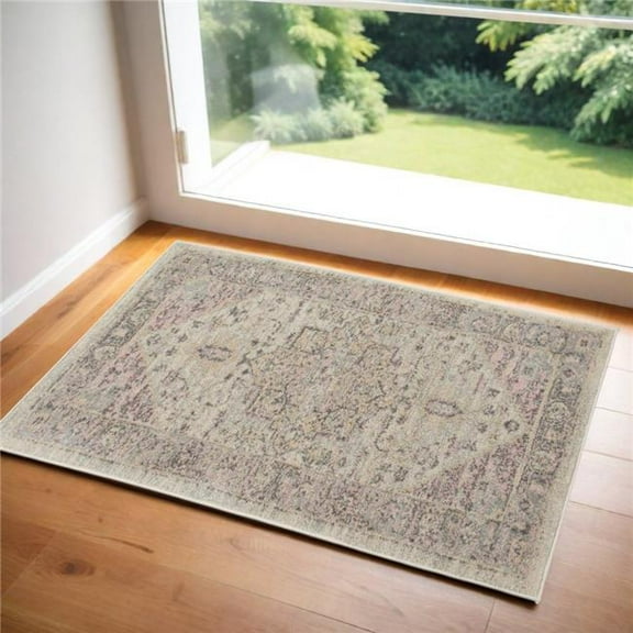 HomeRoots 553285 2 x 4 ft. Floral Medallion Distressed Rectangle Area Rug, Ivory, Pink & Gray