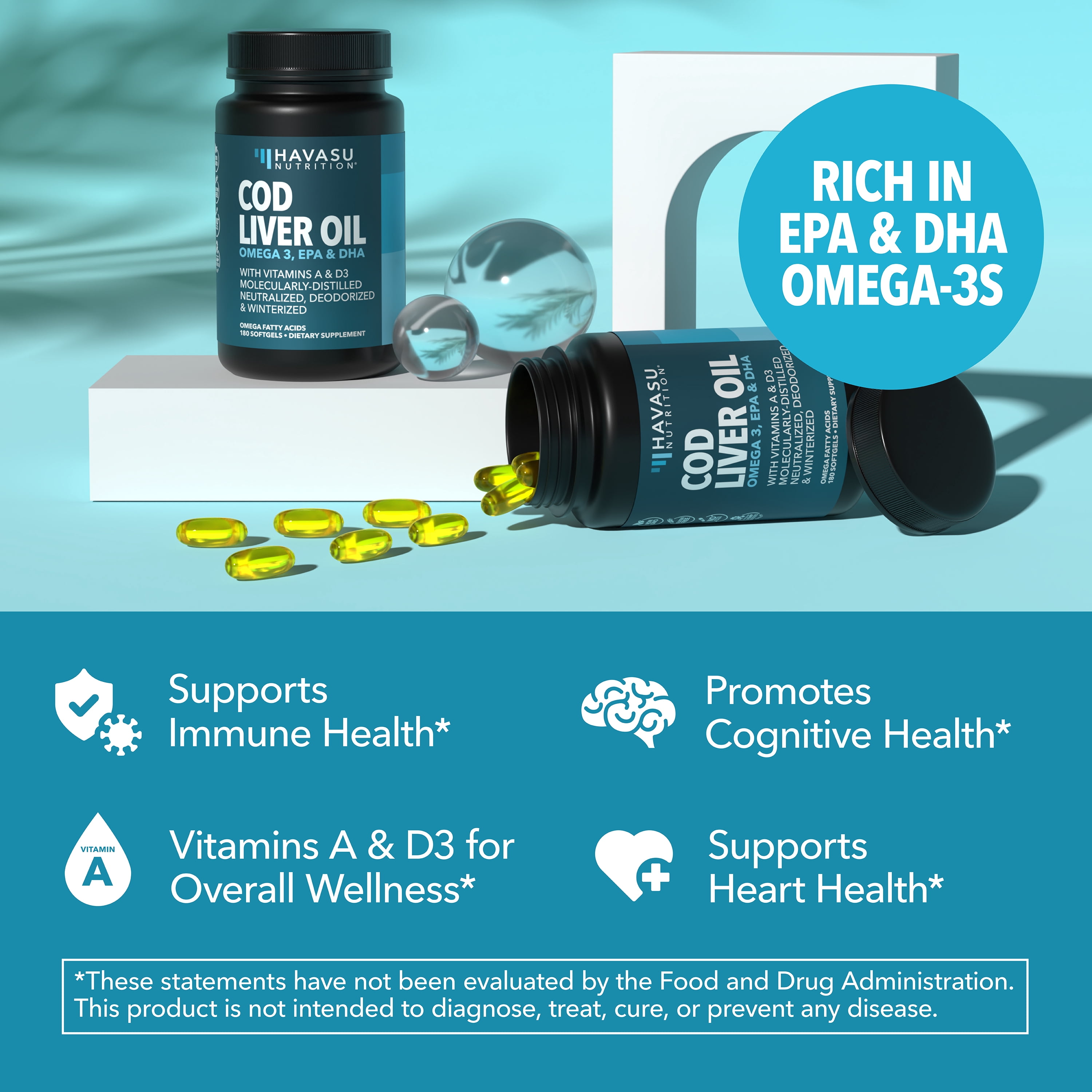Havasu Nutrition Cod Liver Oil Softgels with Omega 3, EPA, & DHA, Fish Oil with Vitamins A and D3, 1000mg, 180 Count