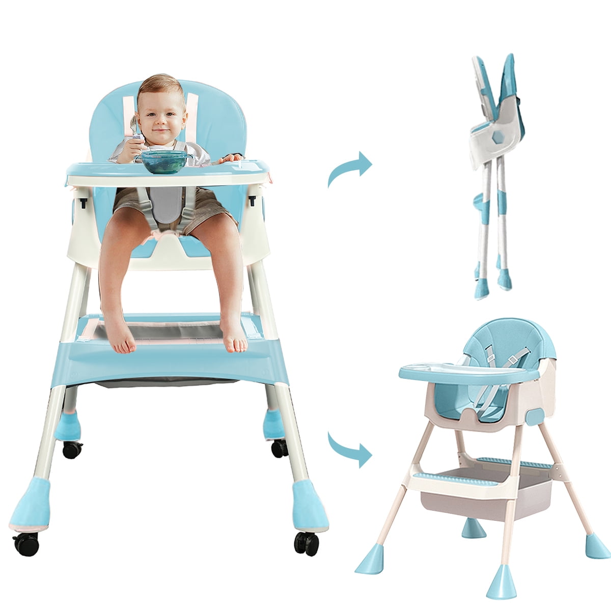 Liyufly 4-in-1 Baby Highchair Adjustable Kid Toddler Dining Chairs Eat & Grow Convertible Chair with 5-Point Harness, Dinner Plate, Light Blue