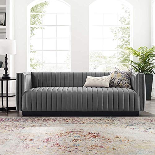 Modway Conjure Channel Tufted Upholstered Performance Velvet Sofa in Gray