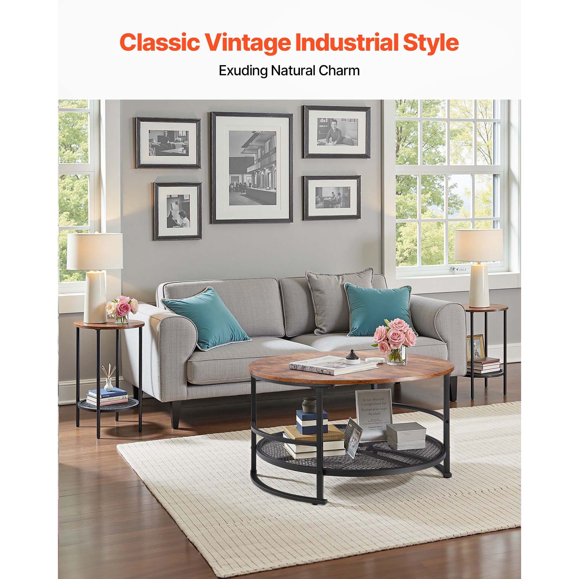 KFFKFF 3-Piece Round Coffee Table Set, 31.5-Inch Industrial Style Table with Two Side Tables, Easy-to-Assemble Metal-Leg Design for Living Room, Office, or Apartment