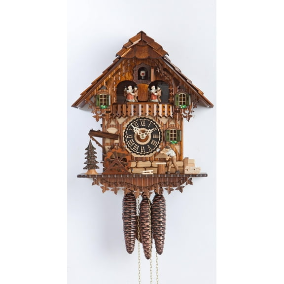 Cuckoo Clock Black Forest house with moving wood chopper and mill wheel
