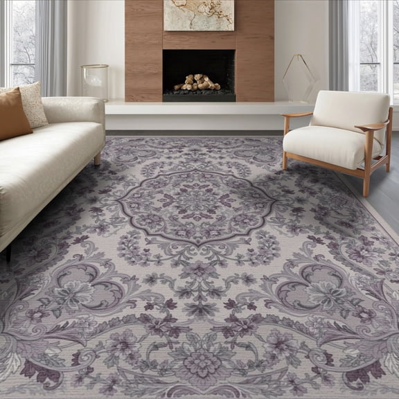 ODIKA 8'x10' Washable Area Rug Floral Oriental Medallion With Scrolling Wisteria Border Vintage Flowing for Dining Room, Large Office, Lounge, Non-Slip Chair-Friendly Mat