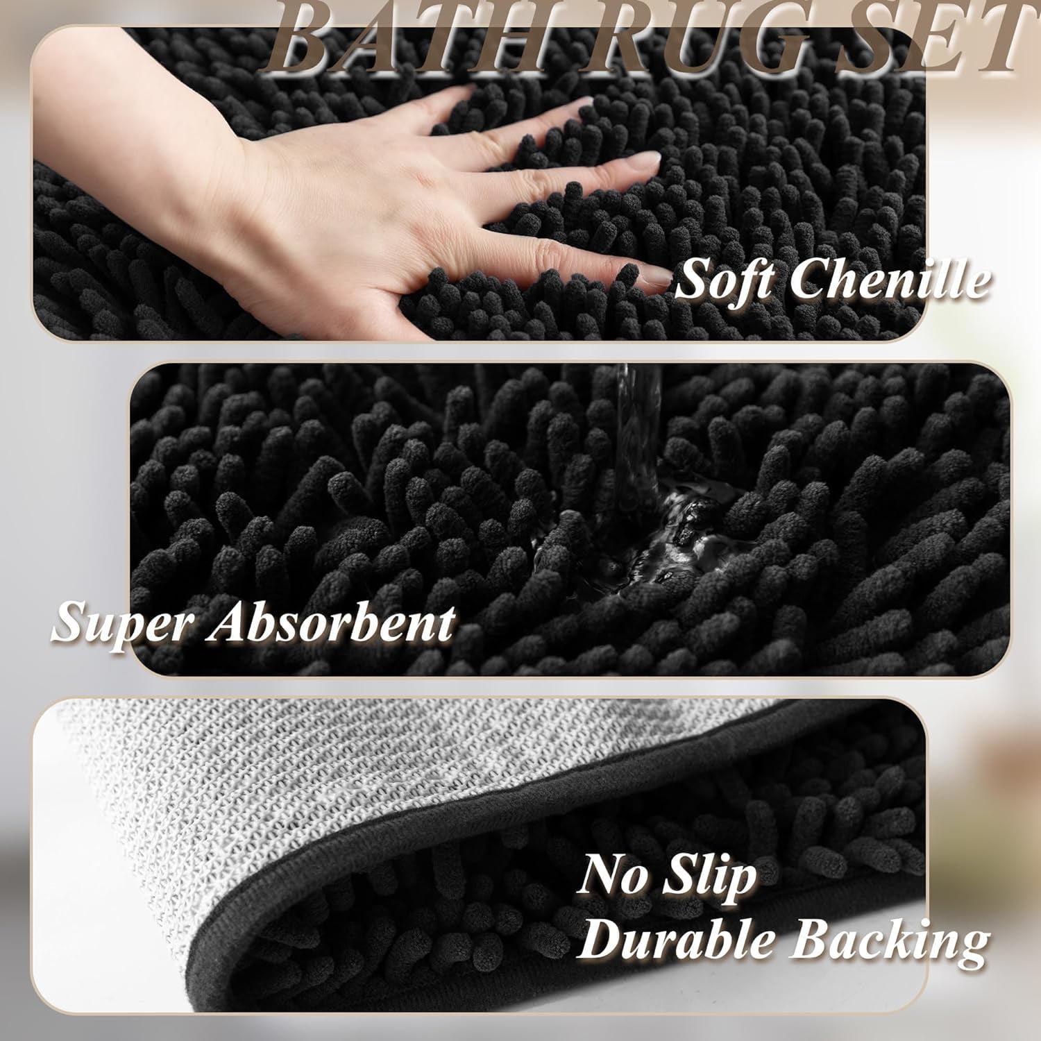 3 Pcs No Hook Black Shower Curtain Set with Chenille Bath Rugs - 71" x 74" Shower Curtain with Snap-in Fabric Liner & Non-Slip Water Absorbent Bathroom Mats Set Accessories