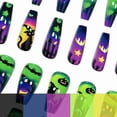 thumbnail image 4 of Coffin Halloween Press on Nails Short 24Pcs, Witch Pumpkin Bat Neon Green Purple Gradient Spooky Fake Nails Set, Reusable False Nails for Party Fall Daily Wear Women Girls, 4 of 7