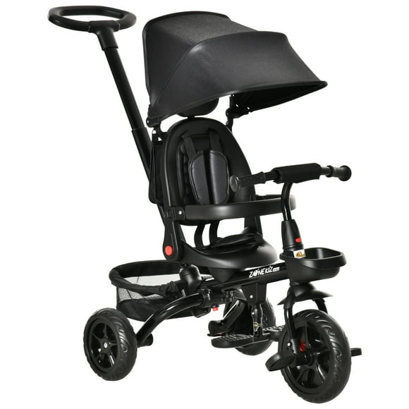 Qaba Tricycle pour Bébé 4 en 1 Tricycle avec Siège Réversible à Angle Ajustable Poignée Amovible Auvent Main Courante Ceinture Rangement Repose-Pieds Frein Embrayage pour 1-5 Ans Noir