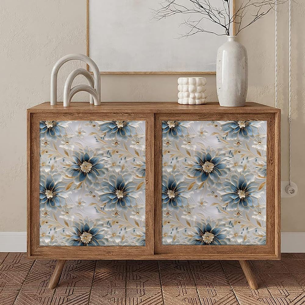 White Blue Grey Peony Floral Vintage Peel and Stick Wallpaper Contact Paper Vinyl Stick on Wall Paper for Bedroom Bathroom Kitchen Cabinet Renter Friendly