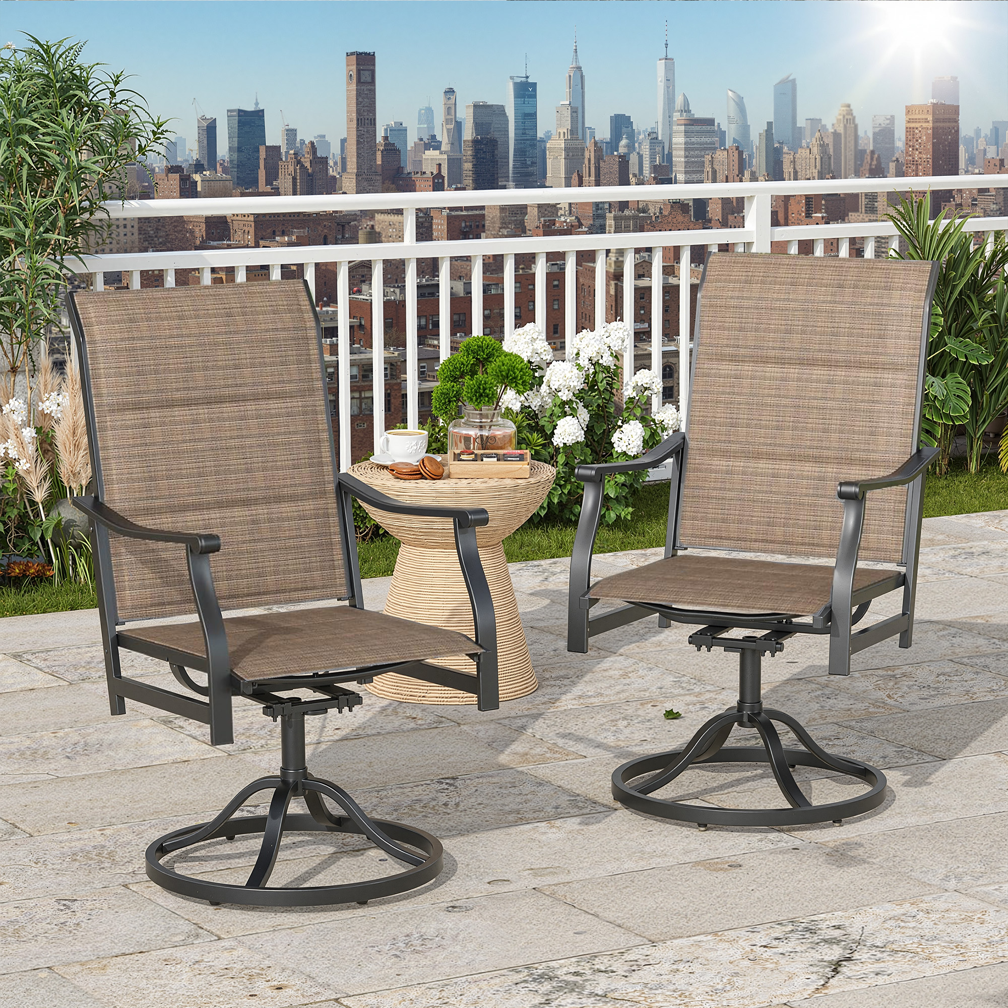 MAYEERTY 4-Piece Outdoor Swivel Dining Chairs with Padded Textilene Fabric for Backyard & Patio, Brown