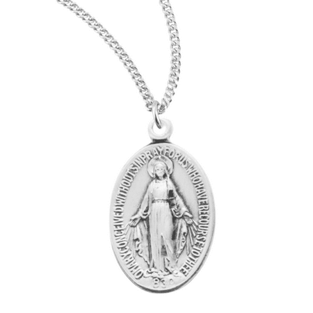 Sterling Silver Small Oval Miraculous Medal, Blessed Mother Mary with Rays and Serpent, 18" Rhodium Plated Stainless Steel Chain, Gift Box Included