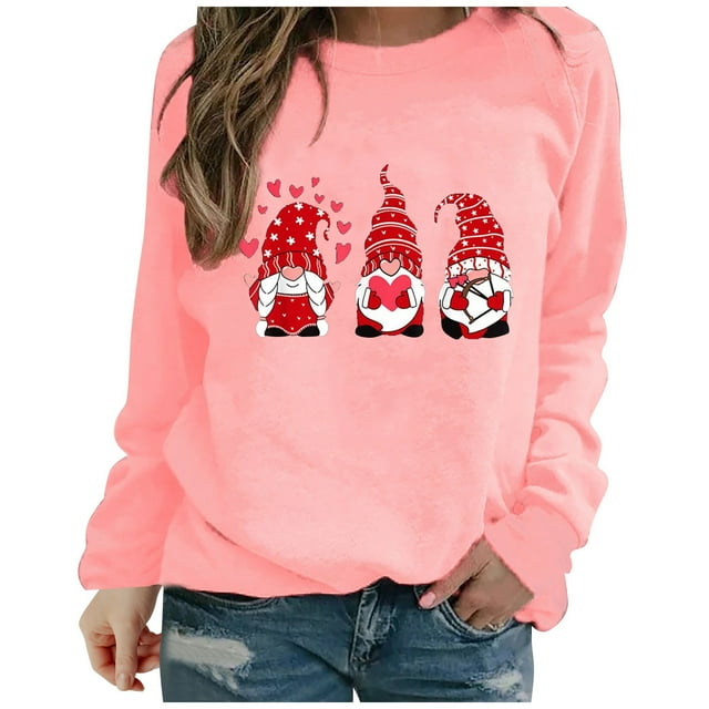 IROINID Offres Vêtements d'Hiver pour Femmes Chandail à Capuche Décontracté Imprimé Cœur de la Saint-Valentin Col Rond Chandail en Molleton Haut, Pink