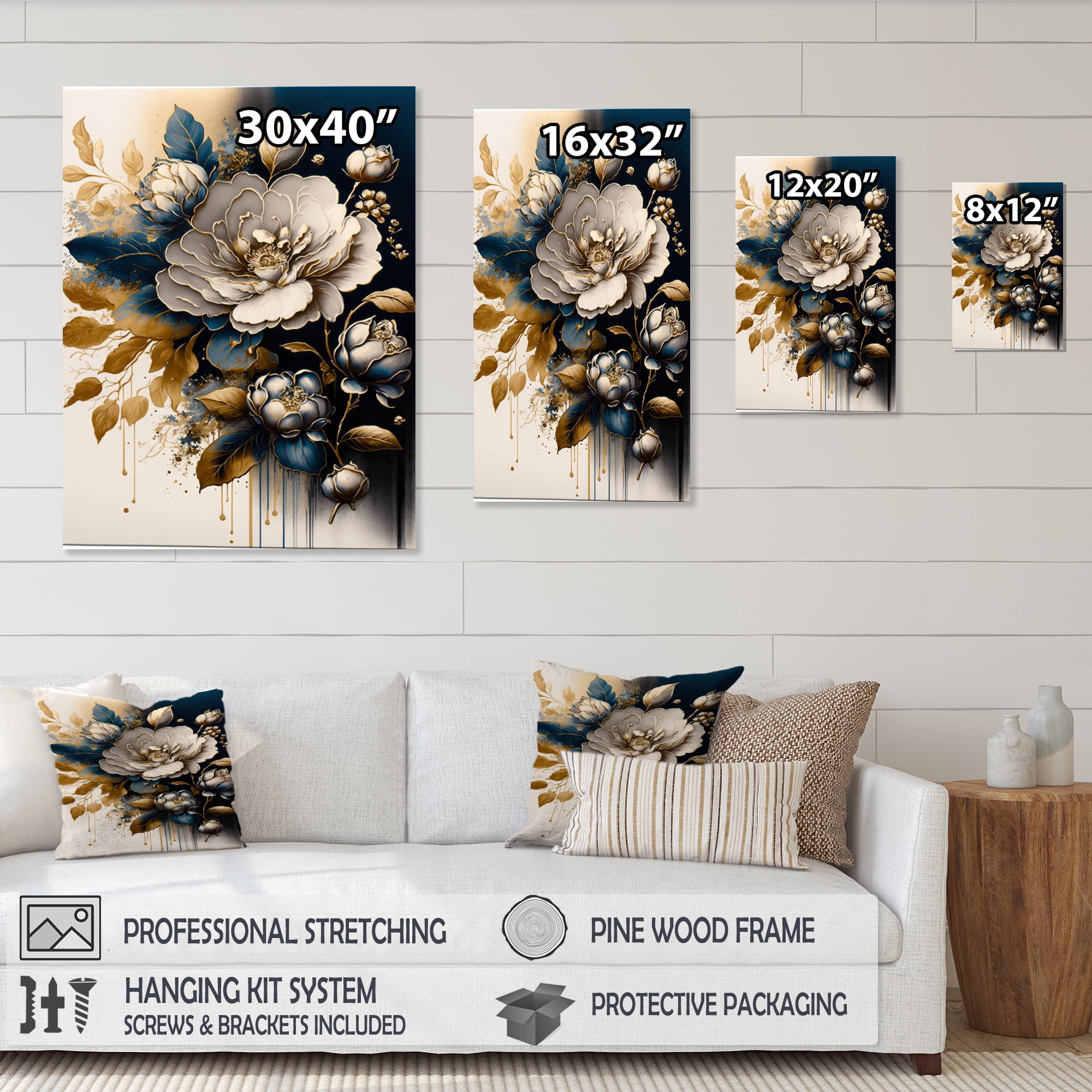 Designart Black And Gold Camellia Bouquet I Canvas Wall Art