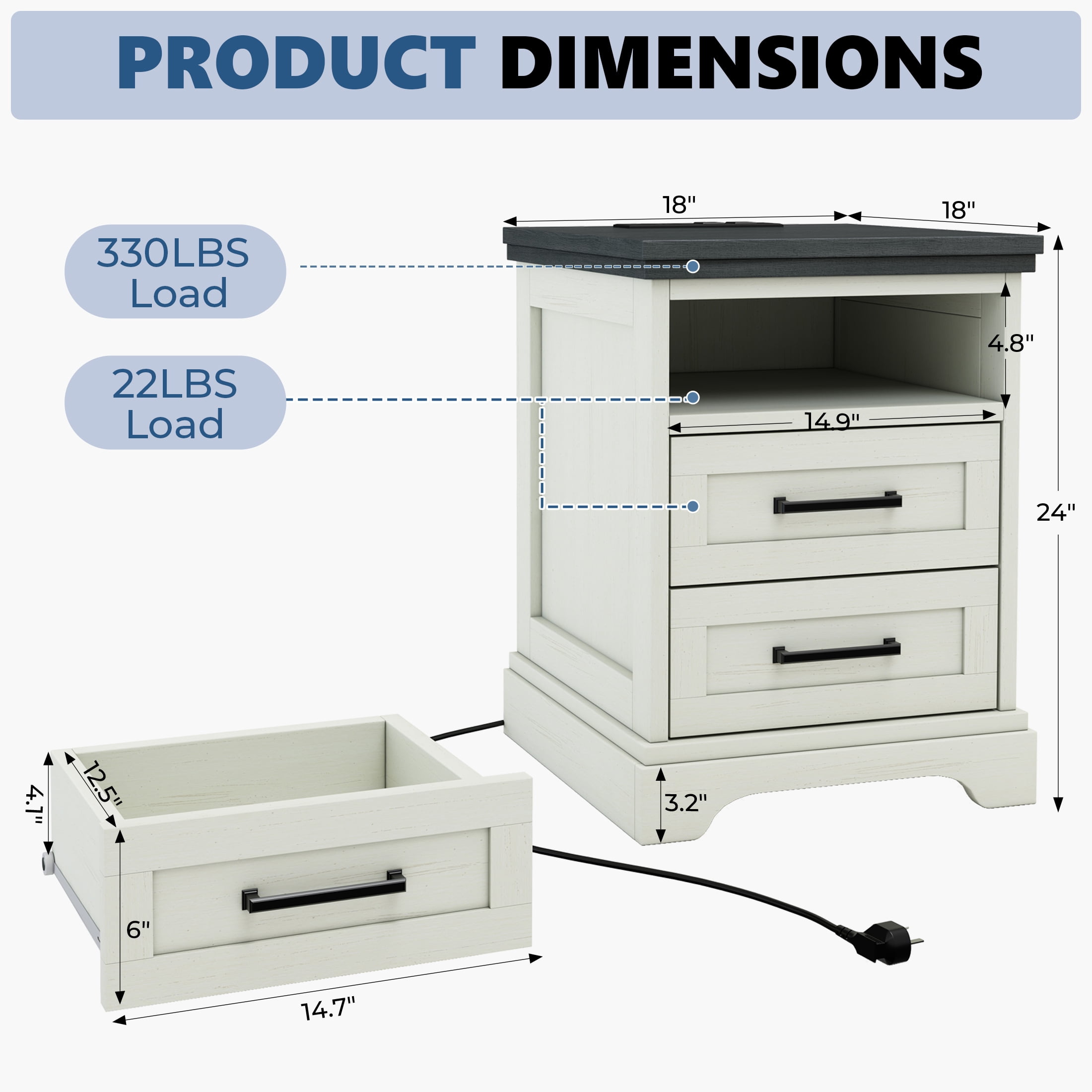 EDX 2 Drawers 24" Wood Nightstand with Drawers and Charging Station, Bedside Table for Bedroom or Living Room, White