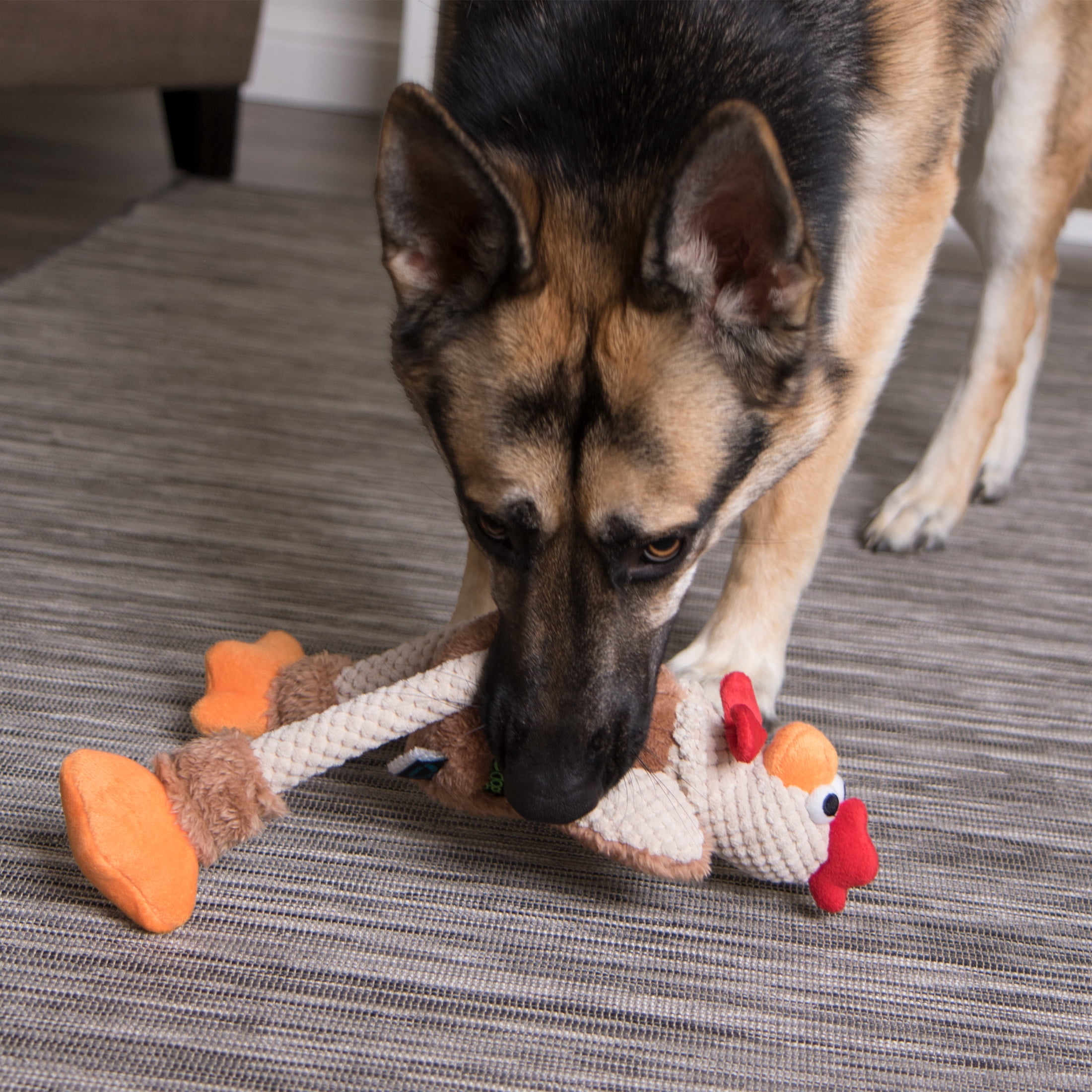 goDog Checkers Skinny Rooster Squeaky Plush Dog Toy, Chew Guard Technology - Brown, Large