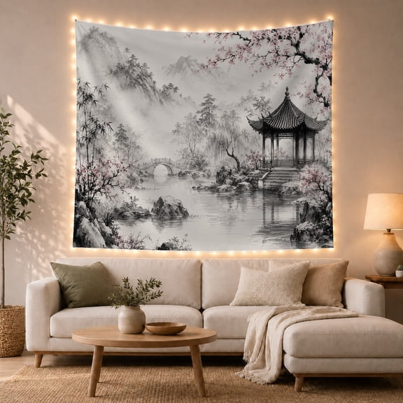Traditional East Asian with Misty Wash Calm, Serene Japanese Inspired for Japanese Art Lovers, Wall Decor, Housewarming Gift, Tapestry Wall Hanging for Dorm and Living Room