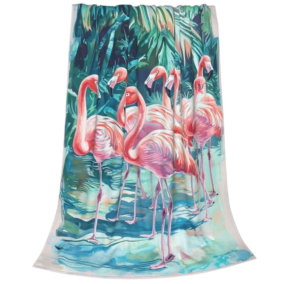 Watercolor Flamingo Flock Flannel Throw Blanket,Elegant Tropical Bird Fleece Blanket, Beach House Decor Flannel Blankets 50x40