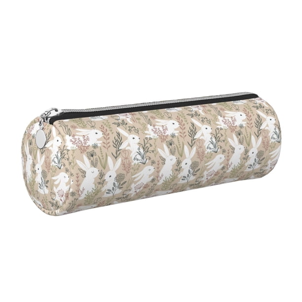 Easygdp Retro Bunny Flower para Estuche de Lápices Cilíndrico de Cuero con Cremallera, Organizador de Lápices de Cuero para Escuela, Oficina y Viajes