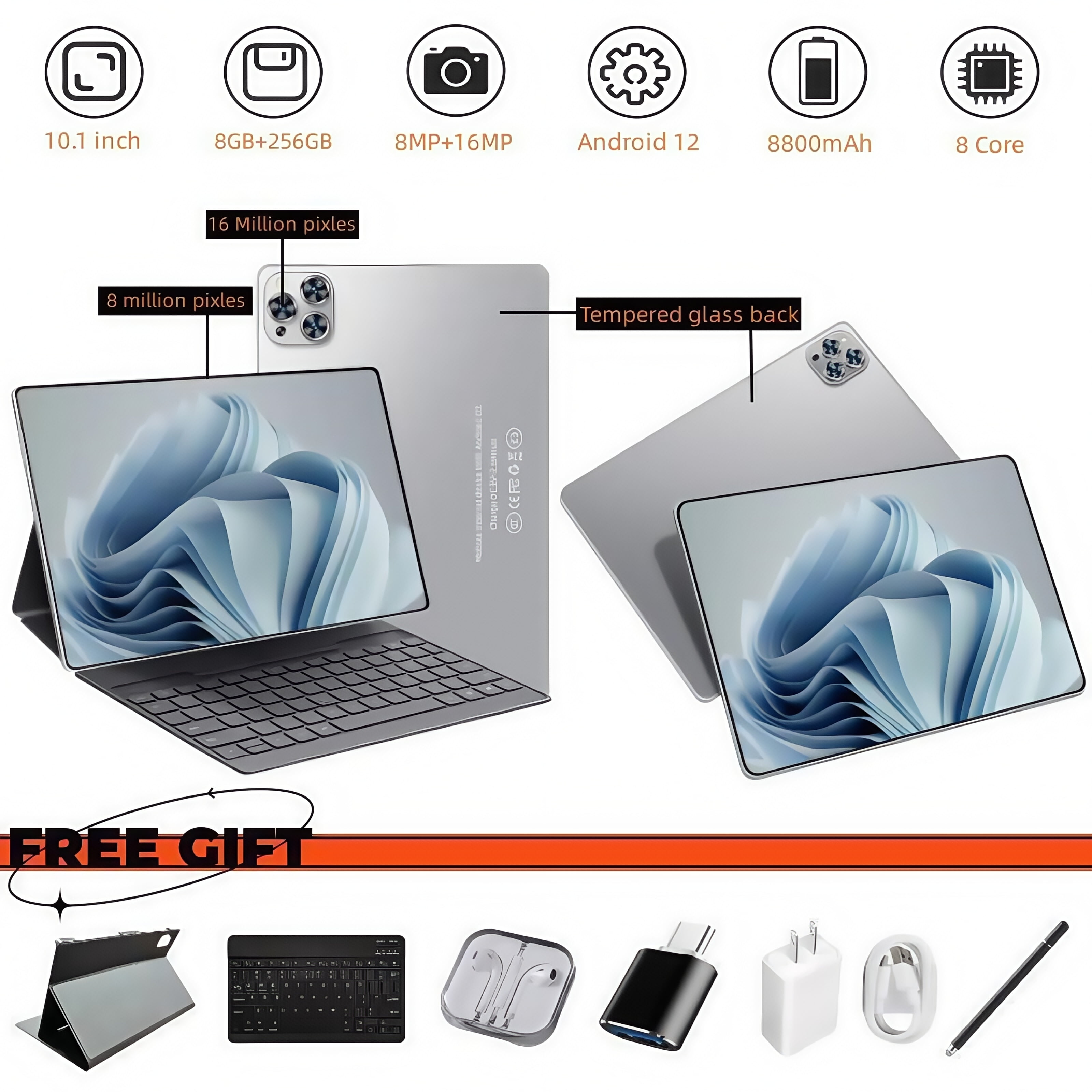 Tablet 10.1 Inch Android 12 Tablet,WiFi Tablets PC,8 GB RAM+256GB ROM( Expand to 512GB),Octa-Core,4G/5G Wi-Fi,Bluetooth,Dual Camera 8MP+16MP,8800mAh,With Bluetooth keyboard