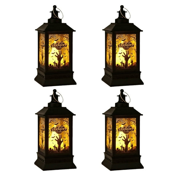 LHNFT Halloween Lanterns Decorations 4 Pack, Battery Operated Black Pumpkin Witch Lanterns, Flickering Light for Indoor Party Home Decor