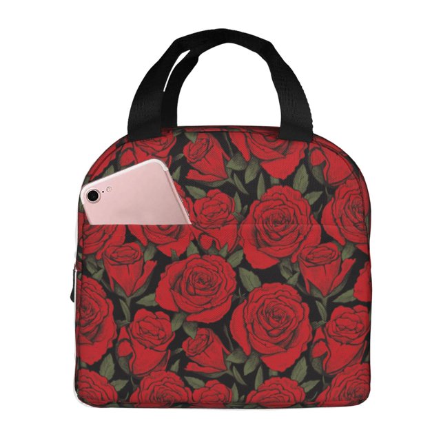Fotbe Rose Flowers Bolsa Térmica con Estampado y Forro de Aluminio Grueso Bolsa de Almuerzo con Bolsillo Frontal para Hombres y Mujeres, Ideal para Trabajo, Escuela