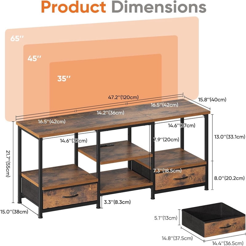 Bigleap 63-inch TV Stand with USB Charging Station, Rustic Brown Media Console for TVs up to 75 Inch, 2 Fabric Drawers & Open Shelves