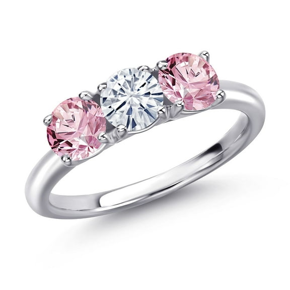 Gem Stone King 925 Sterling Silver White Moissanite and Pink Lab Grown Diamond Engagement Ring for Women | 1.50 Cttw | Round 5MM | Gemstone Birthstone | Size 5