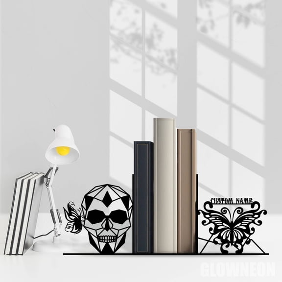 Glowneon Custom Skull Butterfly Metal Book Stand, Book Nook Metal Art
