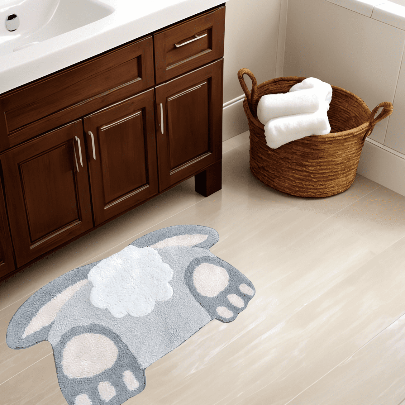 Celebrate Easter Bunny Tail Bath Rug, Spring Bathroom Decor, Plush Cotton Pile 20 x 30 Inches