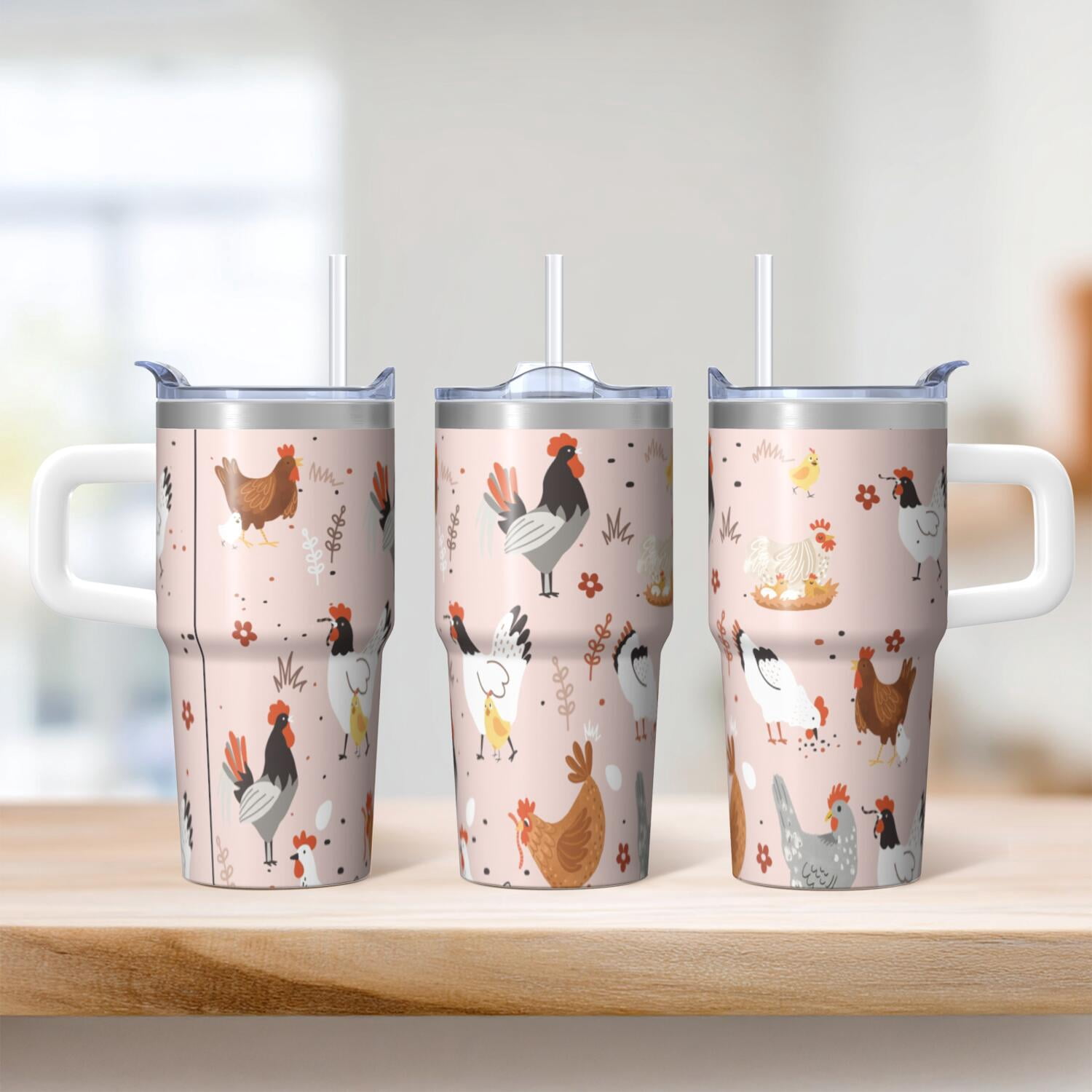 20oz Chicken Art Tumbler with Handle Insulated Travel Mug Special Birthday Christmas Gift for Chicken Enthusiasts Women Men Fits Car Cup Holders Wide Mouth for Ice Comfortable Grip Trips Commutes