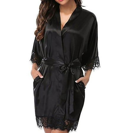 

ORQ Women Solid Color Imitation Ice Silk Lace Splice Sexy Nightgown