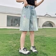 thumbnail image 3 of ZHANGDER Kids Denim Shorts Cute Trendy Fashion High Waist Straight Leg Clothes Jorts Drawstring Shorty Shorts for Teen Girls, Blue 6-7 Years, 3 of 5