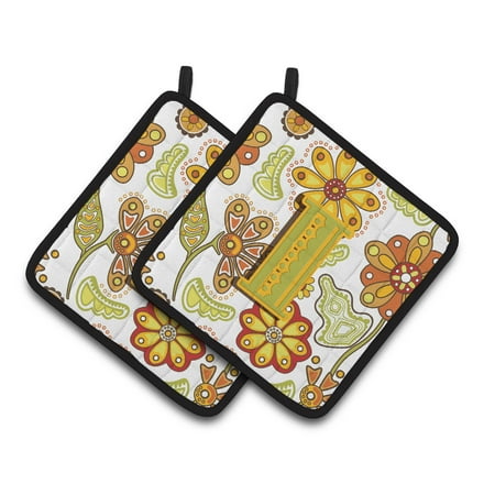 

Letter I Floral Mustard and Green Pair of Pot Holders