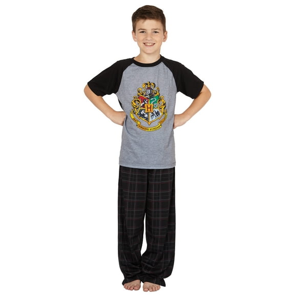 INTIMO Harry Potter Boy's 2-Piece Hogwarts Crest Raglan Short Sleeve Shirt Plaid Pajama Pant Sleep Lounge Set