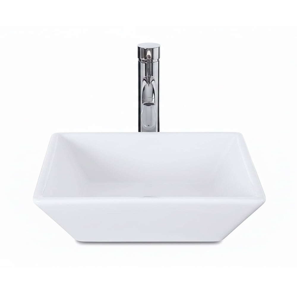 16x16 Inch Square Ceramic Vessel Sink with Faucet and Pop-Up Drain, White Porcelain Bathroom Vanity Sink and Countertop Basin Set
