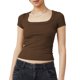 thumbnail image 1 of Camiseta de mujer transpirable con cuello cuadrado de color puro y manga corta ajustada para desplazamientos, 1 of 5