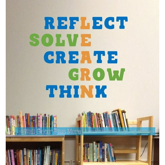 Learn Reflect Solve Create Grow Think School Classroom Wall Decoration Decal Word Art Vinyl Sticker 28x23-Inch Honey, Traffic Blue, Lime Green