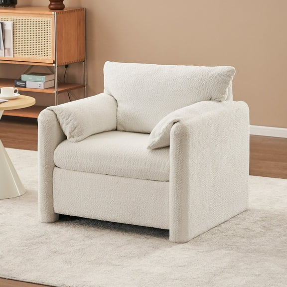 Homefun Chenille Accent Chair Single Seater Plush High Resilience Cushion Compact Reading Armchair for Living Room Bedroom Dorm Apartment Ivory White