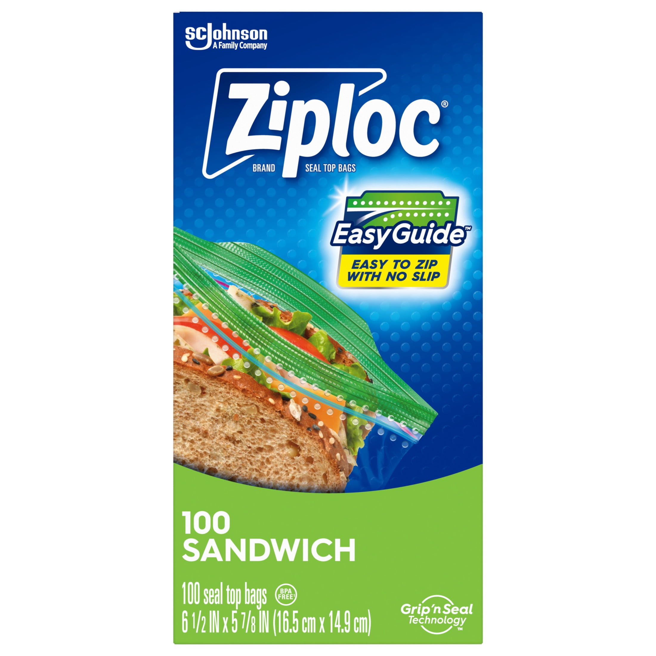 Ziploc Sandwich Bags For Food Storage, School Supplies, with EasyGuide, Zipper, 100 Count