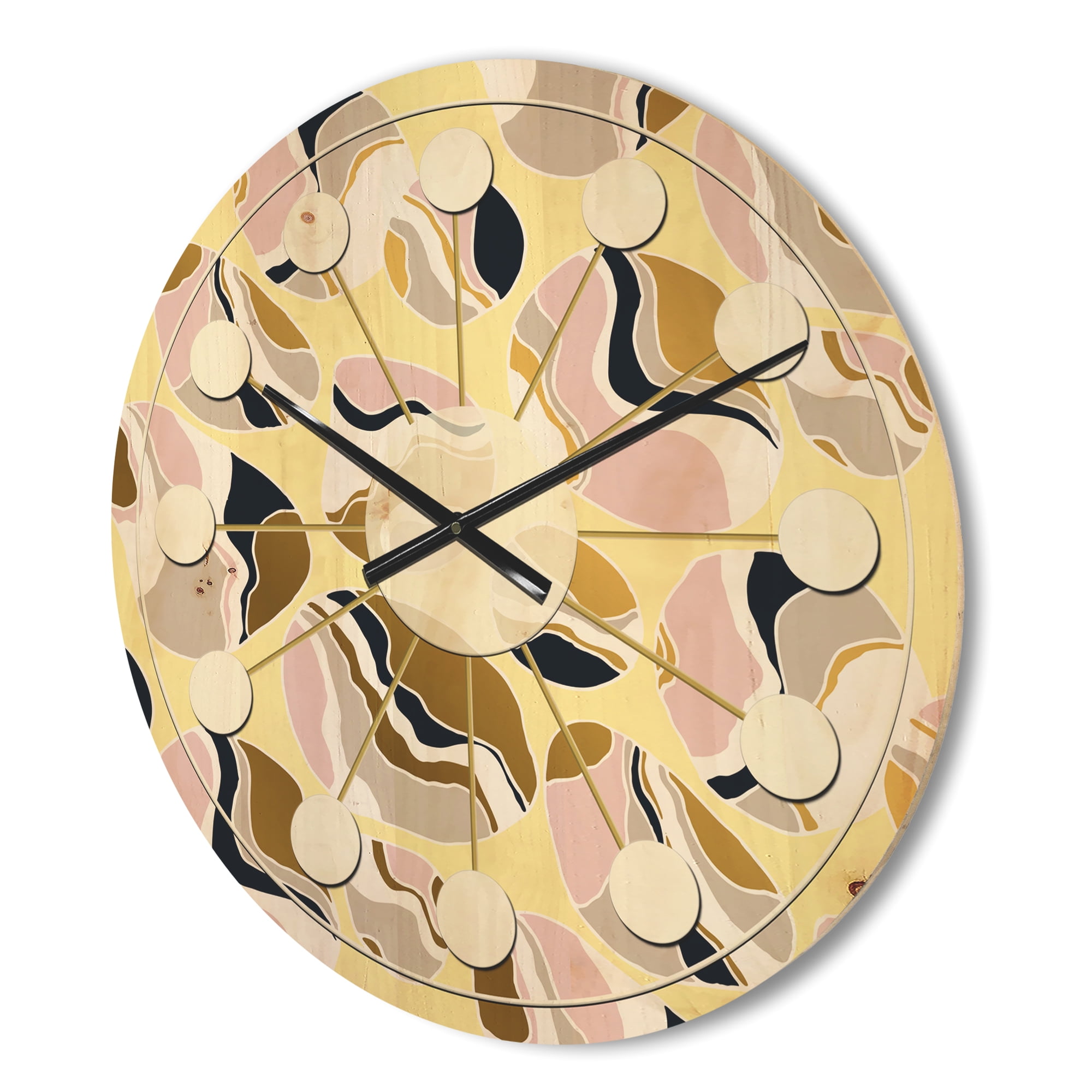 Designart 'Golden Abstract River Stones' Mid-Century Modern Wood Wall Clock