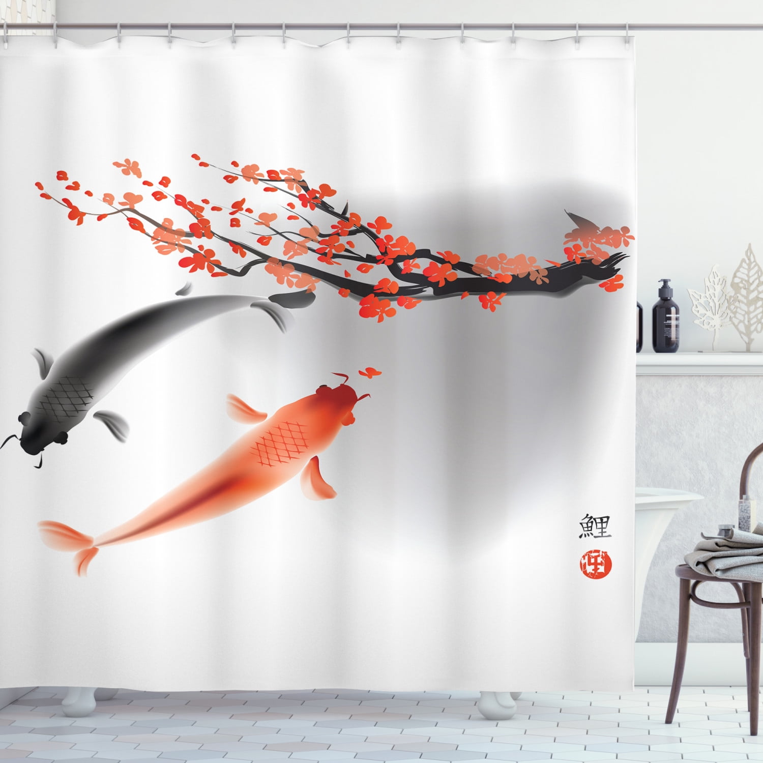 Waterproof Fabric Shower Curtain Liner Chinese Style New Year Design Fish Money 