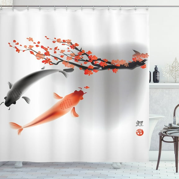 Ambesonne Japanese Shower Curtain, Koi Carp Fish Couple, 69"Wx75"L, Orange Grey