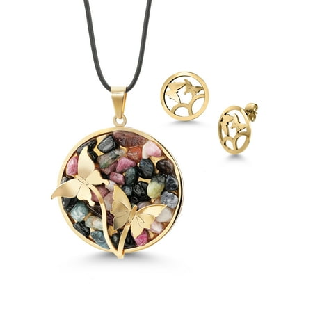 Gem Stone King Gorgeous 2pc Butterfly Design Stainless Steel Gemstone Pendant Earrings Set