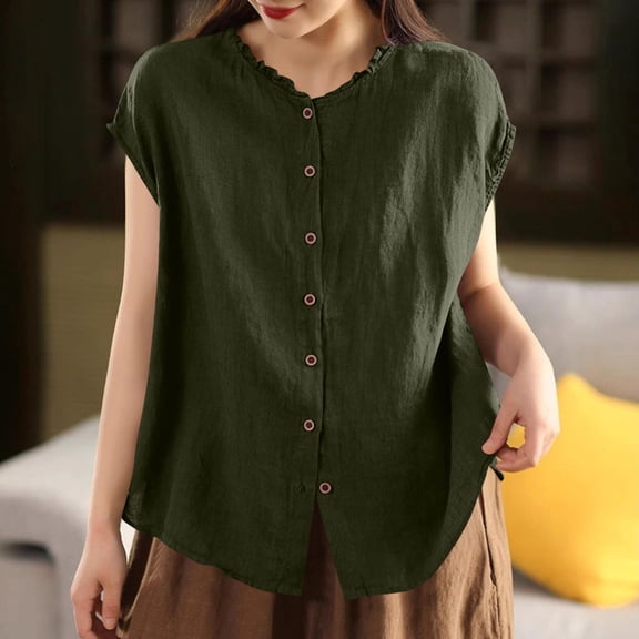 ZunFeo Womens Relaxed Fit Sleeveless Button Down Shirt with Ruffle Neck, Army Green, Plus Size Available,Size XL
