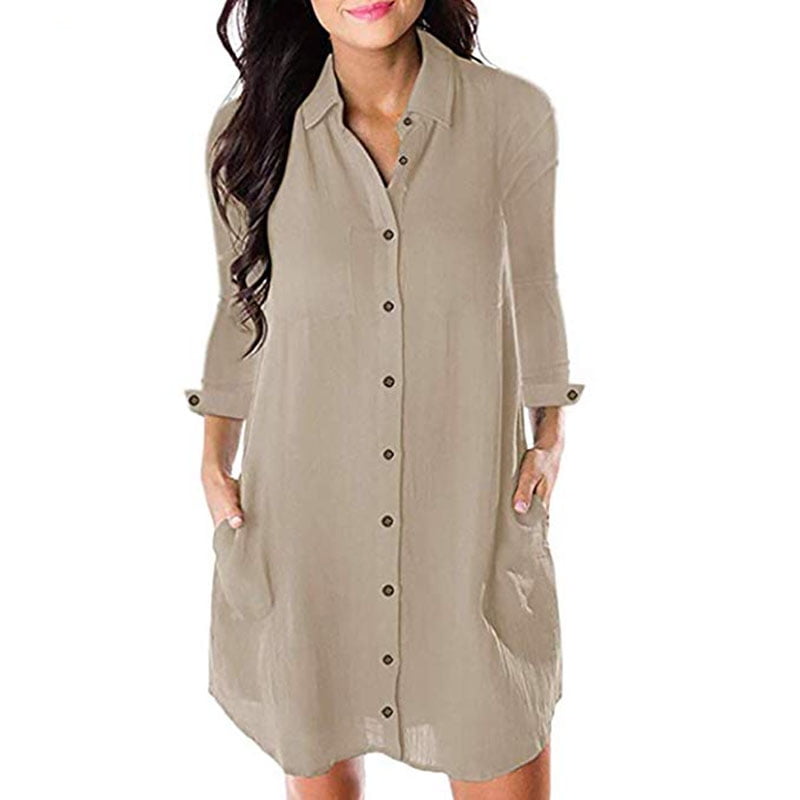 Brand find Women's Casual Button V Neck Shirt Dress Long Sleeve Loose Blouse Dresses with Pockets
