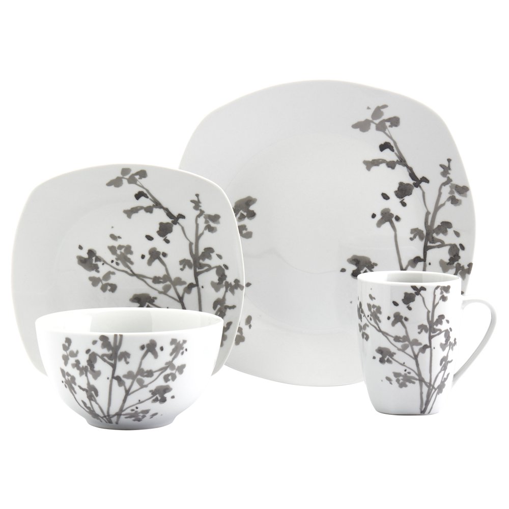 Tabletops Gallery 16PC White / Grey Ceramic Cherry Blossom Dinnerware